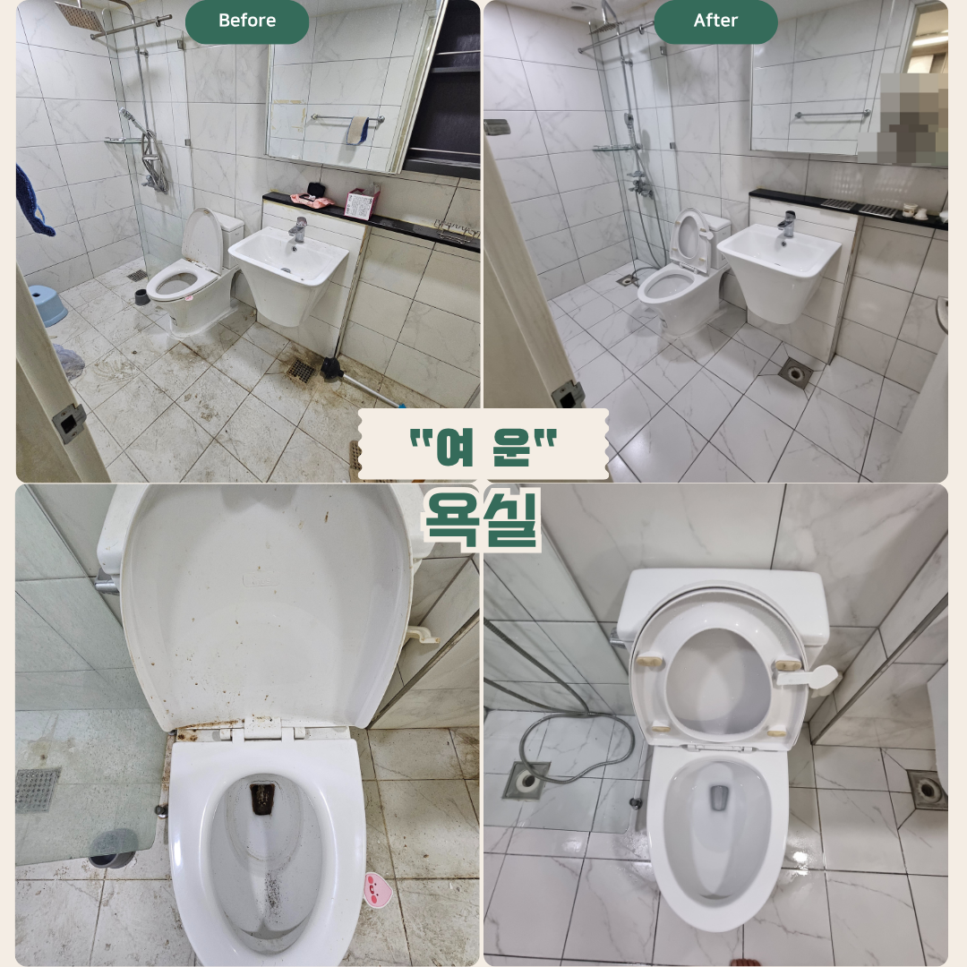 욕실: 환풍구 탈거 가능, 타일·세면대·변기·샤워부스 스케일·오염 제거